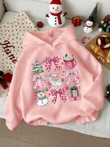 Christmas Teen Girl Sweatshirt Cartoon Bow Santa Claus And Snowman Print Oversized Pullover Sweaters Top Y2K Girl's Preppy Clothes - Pink - View 1