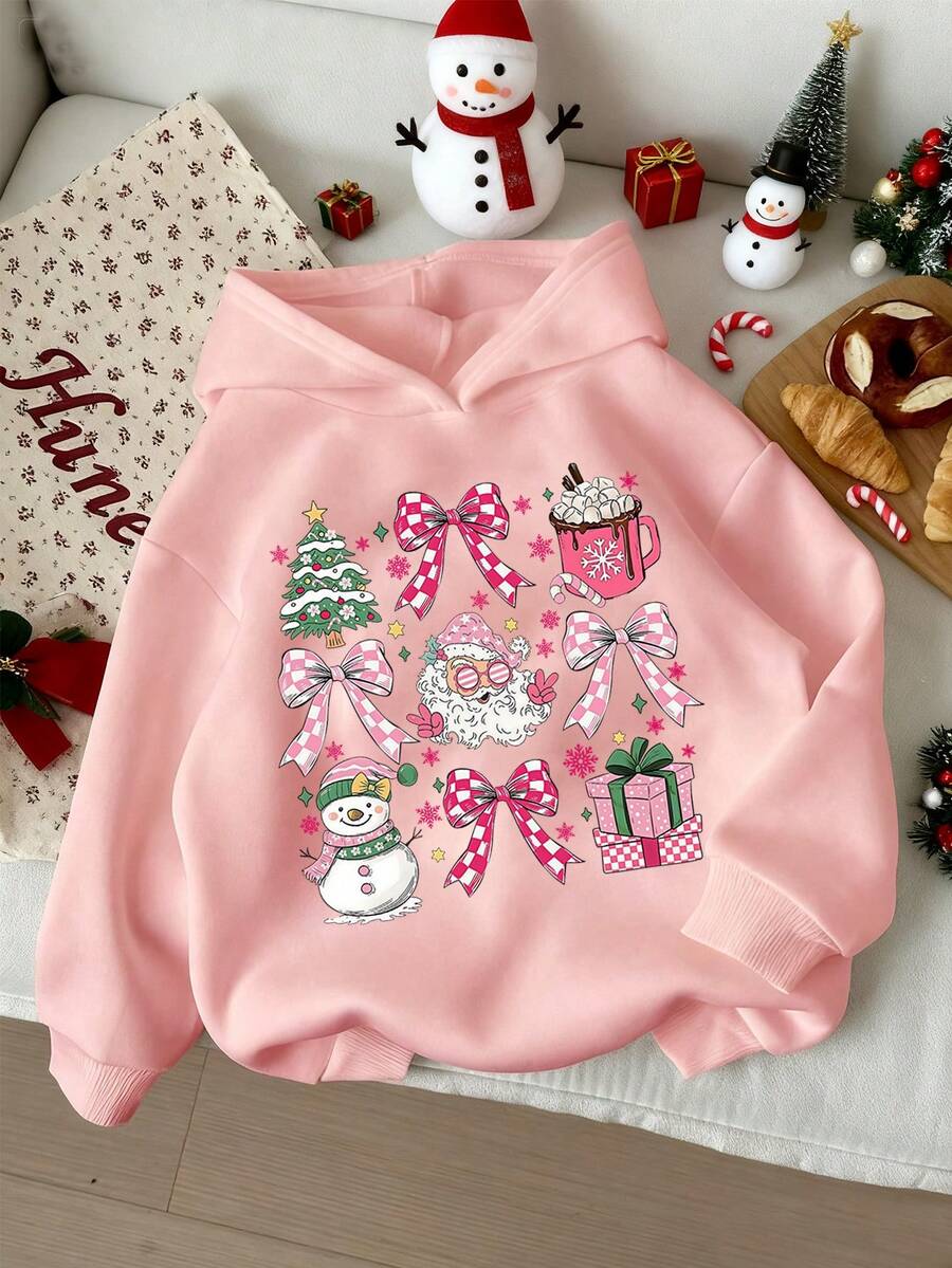 Christmas Teen Girl Sweatshirt Cartoon Bow Santa Claus And Snowman Print Oversized Pullover Sweaters Top Y2K Girl's Preppy Clothes - Pink - View 1