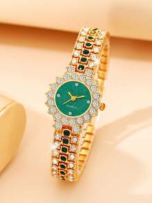 1 Set Reloj de mujer con gemas con incrustaciones de rhinestone, reloj de cuarzo + collar + aretes + pulsera + anillo Set con correa ajustable, tono dorado vintage, reloj de cuarzo de mujer con gemas, perfecto para fiestas, vacaciones, atuendos de cumpleaños o como el mejor regalo para tu mejor amiga - Dorado - Ver 7