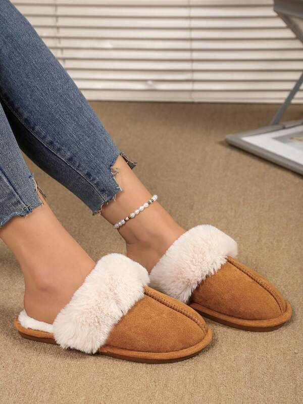 2025 Neue runde Zehenpartie, flauschig, warm, flach, bequem, Plüsch-Hausschuhe für Damen, lässig, leise, rutschfest, weich, für den Innenbereich