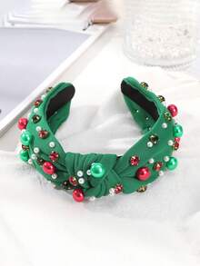 1pc Christmas Knot Faux Pearl Rhinestone Headband, Holiday Party Hair Accessory For Women ,Hair Hair Hoop