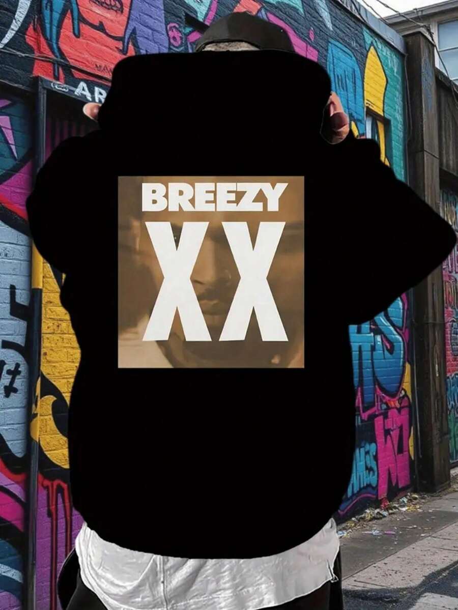 Breezy XX Graphic Hoodie - Men'S Casual Black Pullover With Bold Letter Print, Pocket & Adjustable Hood, Lightweight Long Sleeve Hooded Sweatshirt For Fall/Winter, Comfortable Clothing | Y Casual Style | Durable Fabric,Fall Hoodies,Men's Fall Clothes,Street Wear,Halloween,Mens Hoodies,Y2k Clothes,Jesus Hoodie,Thanksgiving Day,Nightmare Before Christmas,Christmas - 黑色 - 查看 1