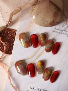 10 件亚克力按压指甲红色指甲猫眼黄色光晕简约短指甲假指甲人造指甲套装包括 1 张粘合标签和 1 个迷你锉刀 - 彩色 - 查看 2