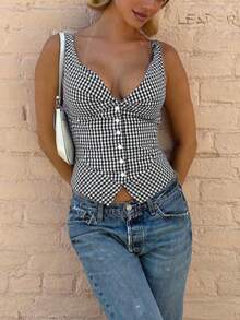 Áo tank top không tay cài nút họa tiết kẻ caro dành cho nữ, kiểu dáng thường ngày mùa hè, màu đen cho kỳ nghỉ. - màu đen - Xem 3