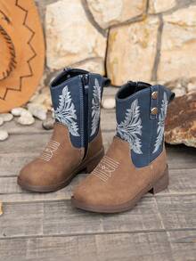 Children's Vintage Casual Embroidered Square Toe Boots, Suitable For All Seasons - Blue - View 9