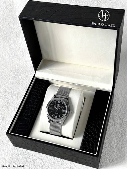  PABLO RAEZ 1 件男士手表顶级品质全新原装迷人奢华手表不锈钢男士金属钢重型网状手链链条 50 米防水简约日历时钟男士复古银色手表