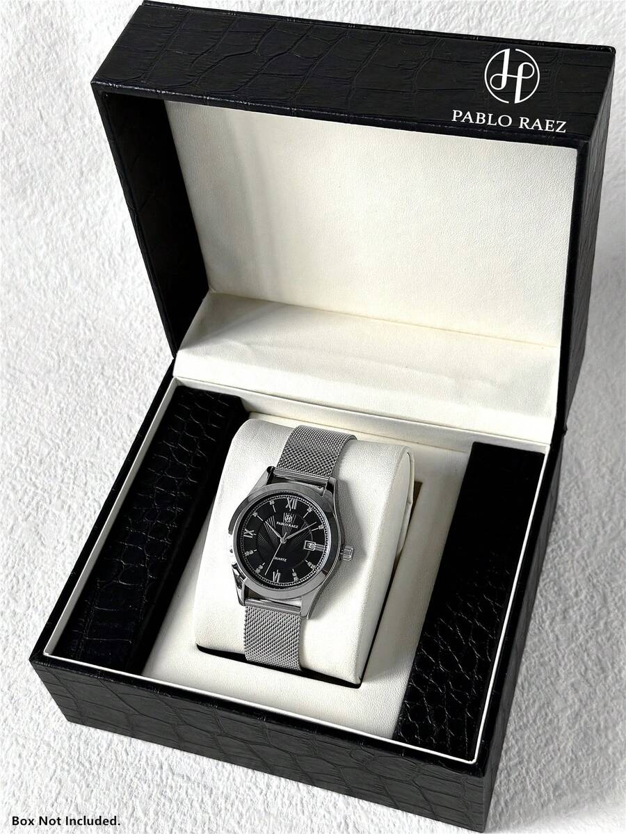 PABLO RAEZ 1pc Men's Watch Premium New Original Charming Luxury Stainless Steel Metal Mesh Bracelet Chain 50M Waterproof Simple Calendar Dial Men's Vintage Silver Watch Elegant Diamond Casual Fashion Quartz Watch Black Dial High-End Business Watch For Work/Party Decoration Men's Formal Watch Teacher Gift Time Father Or Male Friend Birthday Graduation Wedding Gift