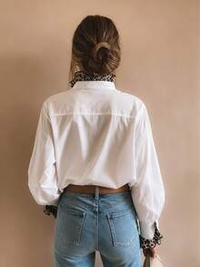 女士舒适休闲优雅通勤衬衫，长袖豹纹拼接上衣，春秋季 - 白色 - 查看 3