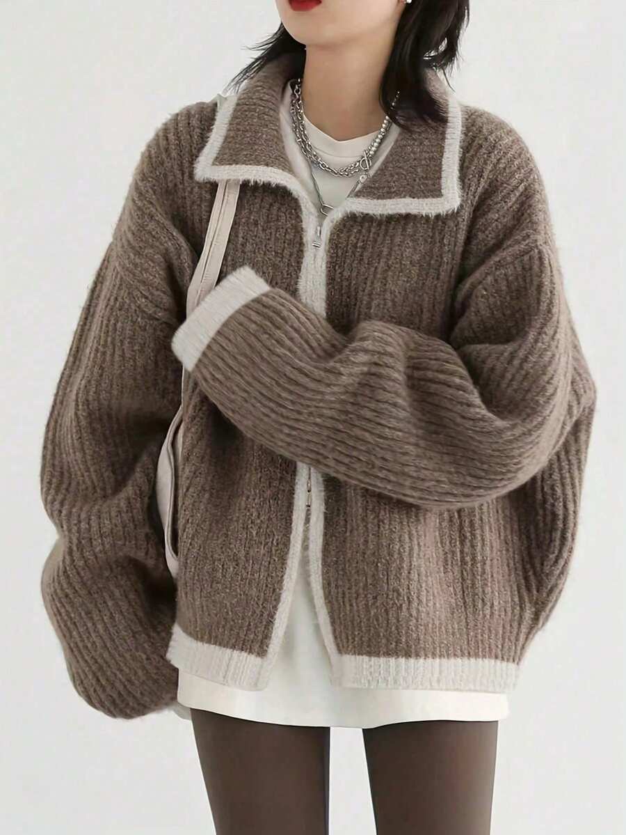 女士休闲秋装撞色领开衫针织毛衣长袖上衣 - 卡其色 - 查看 1