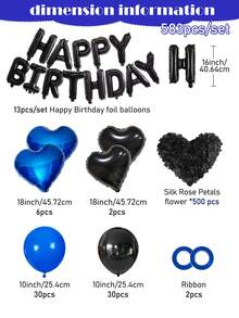583pcs Blue & Black Birthday Balloon Kit, 500pcs Non-Woven Fabric Petals, 16" Happy Birthday Banner, 8pcs 18" Foil Heart Balloons, Thick Latex Balloons, Suitable For Men's Birthday Party, Dark Color Aesthetic Party Background, Romantic Bedroom Decor, Midnight Surprise Birthday Party Decor, Influencer Photo Backdrop, Anniversary, Home Decor, Photo Backdrop, Party Organizer, Event Planner - Multicolor - View 12