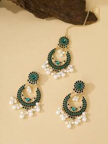 3件套奢华仿珍珠吊坠耳环+头链首饰套装，适合女士日常佩戴和女孩派对佩戴