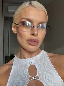 1pc Unisex Y2K Vintage Silver Fashion Frameless Oval Glasses With Metal Hinges, Comfortable & Ultra-Light Large Size Metal Glasses Accessories Women - 銀框漸層灰片 - 查看 2