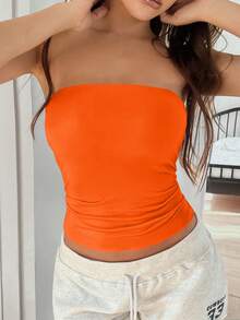 Vaiaye Women's Seamless Strapless Solid Color Elastic Fitted Tank Top, Fashionable Strapless Basic Camisole T-Shirt For Spring & Summer - Orange - View 2