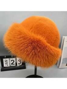 Women's Fashion Knitted Velvet Bucket Hat With Faux Fur - Elastic Warm Thick Mongolian Hat, Sun Protection, 75% Velvet 25% Cotton, Winter