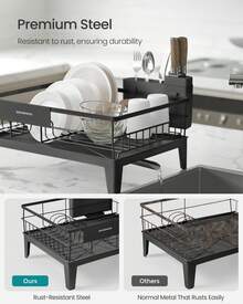 SONGMICS Dish Drainer Rack- Space-Saving Dish Drainer, Dish Racks For Kitchen Counter, Stainless Steel Kitchen Drying Rack With A Cutlery Holder, Black/Grey - Black - View 2