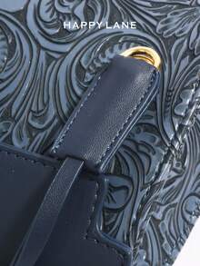 HAPPY LANE Fashionable Brown Patchwork Minimalist Style Handbag, Retro Vacation Vibe Shoulder Bag, Comes With Ribbon Accessory, Suitable For Business, Casual, Shopping, School, Front Twist Lock Handbag, Detachable Shoulder Strap, Crossbody Bag, Lightweight & Durable, Vintage Charm, Elegant & Unique Style For Women, Versatile For Any Occasion - 藏蓝色 - 查看 4