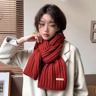 1pc Versatile Korean Style Knitted Red Scarf For Women, Thick & Warm For Autumn/Winter Suitable For Students & Couples