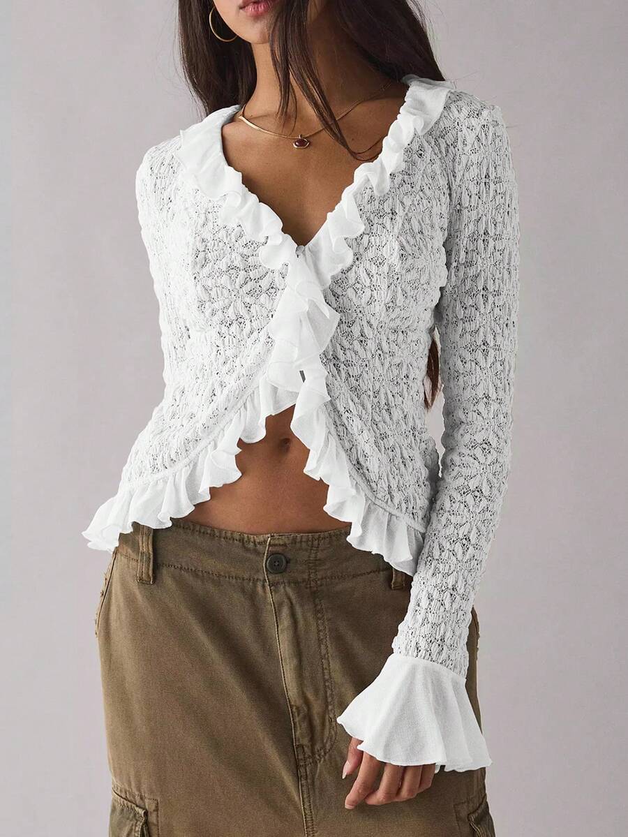 Women's Ruffle Patchwork Asymmetric Hem Flare Sleeve Fashionable Blouse