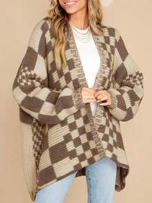 Womens Oversized Plaid Knit Cardigan Sweater Color Block Checkered Open Front Long Sleeve Coat - 深卡其色 - 查看 1