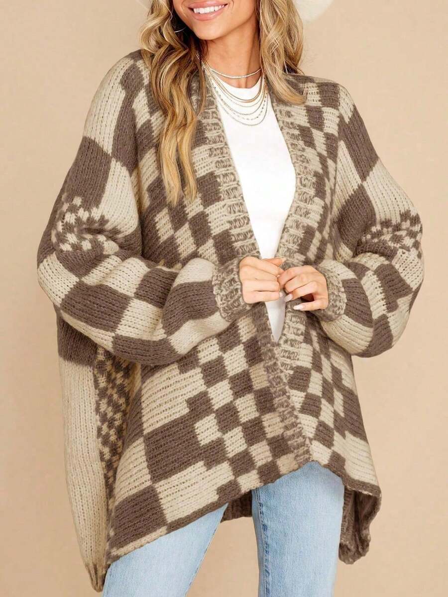Womens Oversized Plaid Knit Cardigan Sweater Color Block Checkered Open Front Long Sleeve Coat - 深卡其色 - 查看 1