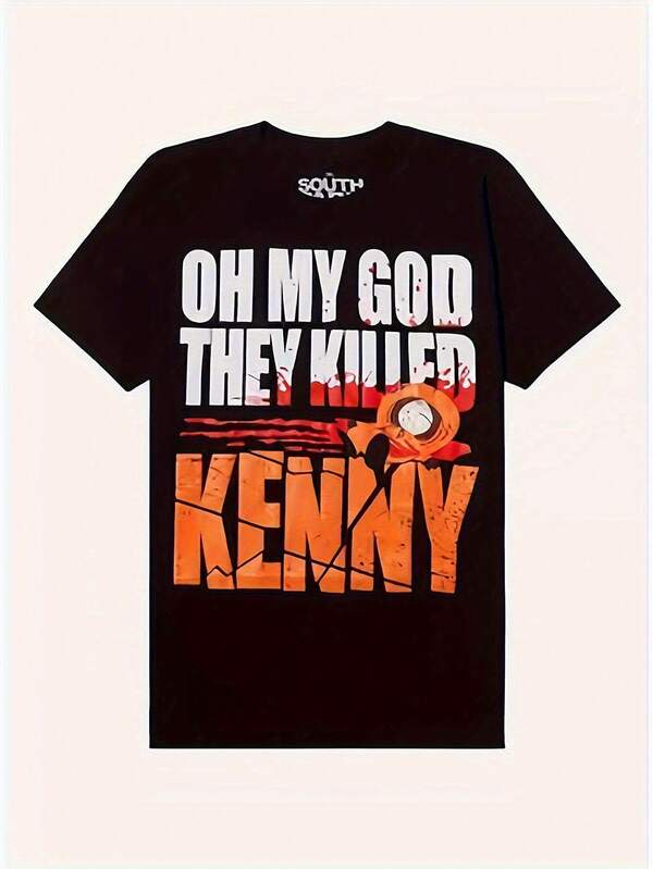 Camiseta Gráfica de Hombres de South Park Dios Mío, Mataron a Kenny - Camiseta de Algodón Vintage con Letras en Naranja y Rojo, Lavable a Máquina, Corte Regular para Uso Diario, Gimnasio y Actividades al Aire Libre