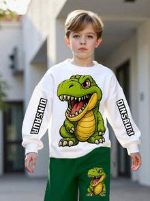 Bộ 2 áo nỉ và quần in hình khủng long cho bé trai, trang phục thời trang đường phố thường ngày cho mùa thu/đông - màu xanh lá - Xem 4