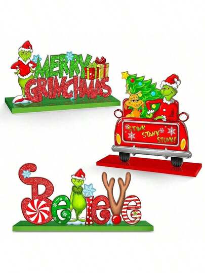 GRINCH New Green FurryTiered Tray Decor, Christmas Grinch Tiered Tray Decor, Wooden Decorative Item For Restaurant Dining Table, American Christmas Decor Gift, Christmas Essential Decor (Random Style)