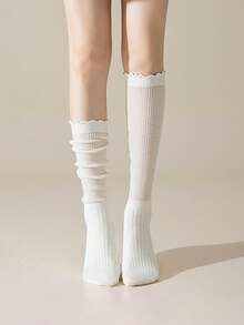 1/5 Đôi tất nữ thu/đông, kiểu Hàn Quốc đơn giản, viền bèo nhún màu trơn, dài đến bắp chân, đa năng cho phong cách Y2K, kết hợp với bốt đi xe, tất ấm áp - Nhiều màu - Xem 2