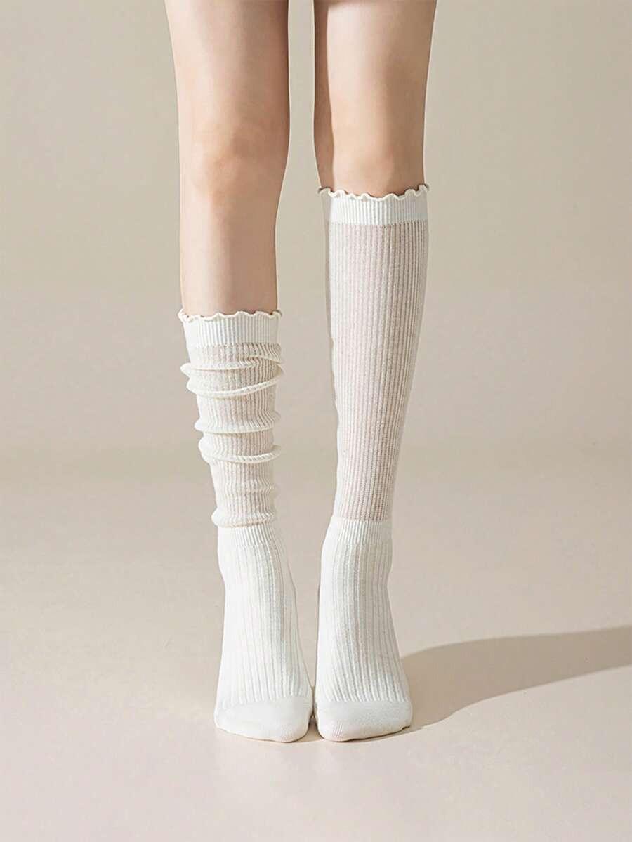 1/5 pares de calcetines de mujer para otoño/invierno, calcetines hasta la pantorrilla con volantes de unicolor estilo coreano, versátiles para combinar con botas de montar en estilo Y2K, calcetines acogedores - Multicolor - Ver 1