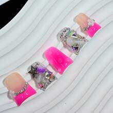 10 Pieces Y2K Retro Cute Press On Nails, Handmade Reusable Transparent Color Block Bases, Checkerboard Hearts, Rhinestone Candy Bling, Daily Retro Parties Summer Easter - Nhiều màu - Xem 4