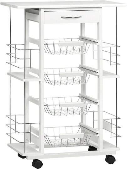 Carrito de cocina con cajón, 4 cestas de frutas extraíbles y plato de cerámica, carrito de cocina ahorrador de espacio con 4 estantes laterales hechos de madera de pino y metal, 57x37x83 cm, blanco