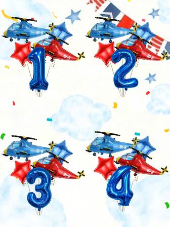 5pcs/Set Helicopter Balloon Set, Includes 32" Navy Blue 1-9 Number Balloons, Red & Blue Helicopter Balloons, Red & Blue Star Foil Balloons, Suitable For 1-9 Years Old Birthday Party, Adventure Theme Party Decor, Aviation Birthday Party Decor, 2nd Birthday Decor For Boys & Girls, Red Mylar Airplane Weather Balloons, Shower, Party Supplies