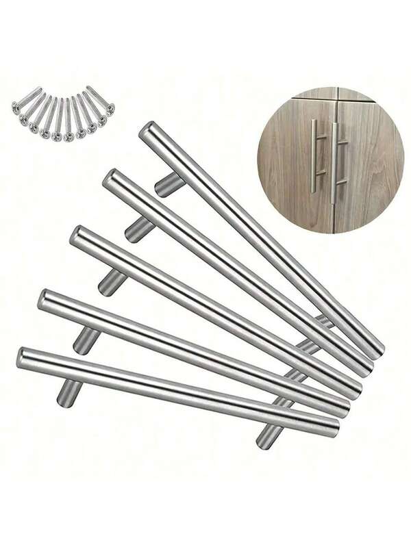 5pcs T-Shaped Cabinet Handles, Stainless Steel Cabinet Pulls, Bar Design, Anti-Corrosion, Easy Installation, Suitable For Kitchen, Bathroom And Home Furniture, Modern Minimalist Design, With Screws
