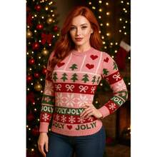 NAVIDAD Suéter Navideño Rosa "Jolly" Tierno Cute Rojo para Mujer Dama Sexy para Epocas Navideñas Christmas Acogedor Uglysweater Lindo Tierno - Rosa - Ver 1