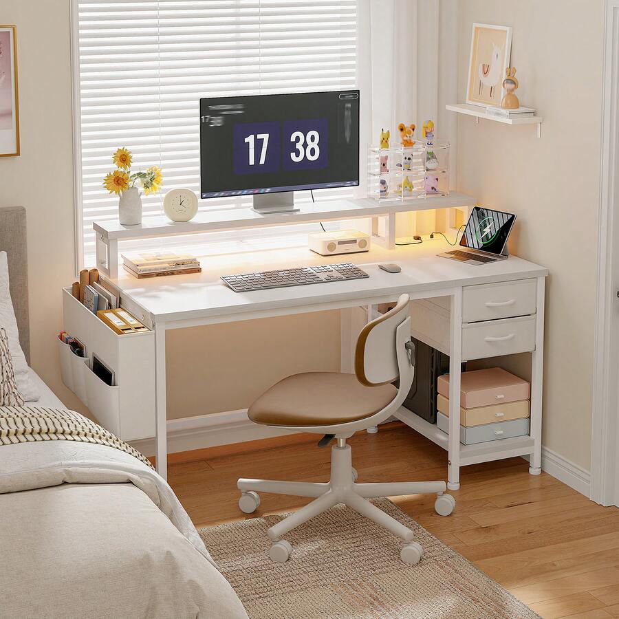 EnHomee 40" Home Office Desk With Power Outlets & LED Strip And Monitor Stand Computer Desk With Drawers & Storage Bag For Small Space,White - Xem 1