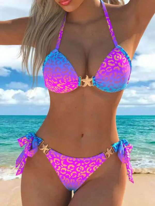Conjunto de bikini de 2 piezas para mujer, decoración de estrellas y estampado de leopardo con alta elasticidad para playa