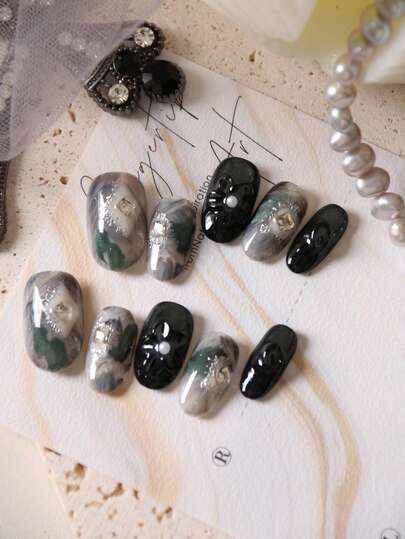 10 pezzi Unghie finte acriliche nere con effetto occhio di gatto verde grigio, con colla, fiori, unghie corte, kit di unghie artificiali che include 1 foglio di adesivi e 1 lima mini