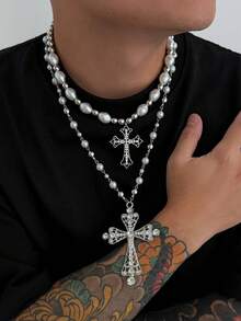 2pcs/Set Fashion Hiphop Style Asymmetrical Layered Faux Pearl & Metal Cross Pendant Necklace Set, Vintage Gothic Style Beaded Necklace For Men