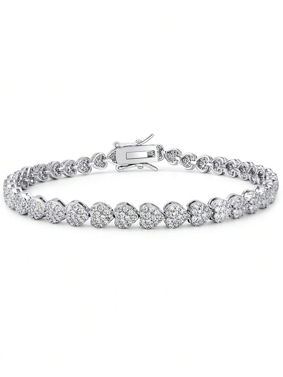 1pc Classic Tennis Style Copper Bracelet, Inlaid With Sparkling Cubic Zirconia, Suitable As Accessory, Jewelry Or Gift For Any Occasion, Unisex 6-7.5 Inches - Heart-shaped - View 1