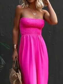 Womens Strapless Smocked Wide Leg Jumpsuit Sleeveless Casual Summer Chiffon Romper With Pockets - Màu Hồng Tươi - Xem 4