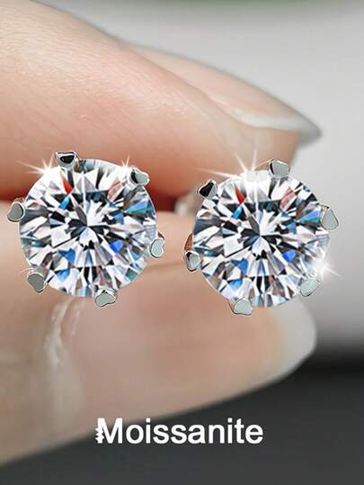 2pcs Fashionable Luxury 925 Sterling Silver 1Carat X 2 Moissanite Stud Earrings, Unisex Everyday Weardy Hip-Hop Jewelry, Valentine's Day Gift