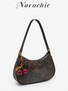 1 件 Novachic 女士花卉面料休闲单肩包，拉链开合，复古风格，腋下包，适合各种场合 - 咖啡棕 - 查看 2