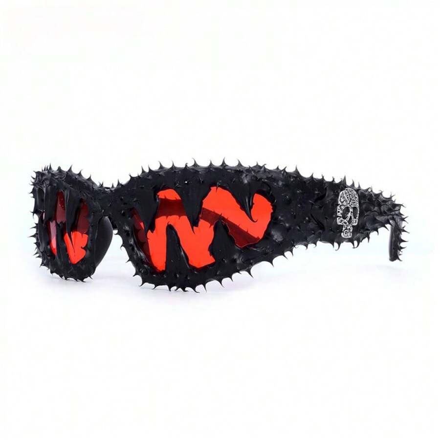 1 Pc Steampunk Fashion Personality Small Frame Sunglasses Handcrafted Black Resin Tooth Skull Gelcoat Sunglasses - Hộp sọ răng bằng nhựa vinyl màu đen và đỏ sáng - Xem 1