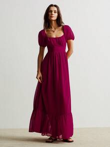 Rusttydustty 女士优雅休闲收腰红色雪纺长袖荷叶边连衣裙，适合新年、情人节等场合