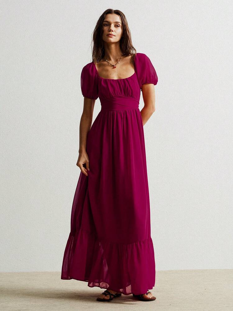 Rusttydustty Rochie elegantă casuală din șifon roșu, cu mânecă lungă și tiv cu volane, potrivită pentru Anul Nou, Ziua Îndrăgostiților - roșu - Vizualizare 10