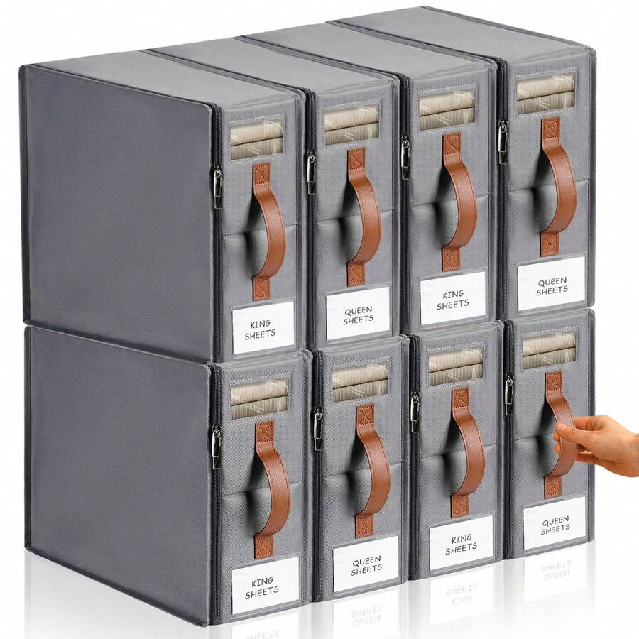 4/8 Pack Bed Sheet Organizers And Storage,Linen Wardrobe Organizers And Storage, Foldable Bedding Storage For Bedsheets, Duvet Covers And Pillow(Queen Or King Size), Sheet Storage For Wardrobe With Window - 灰色 - 查看 1