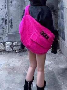 时尚大容量羊羔绒刺绣拉链多口袋斜挎包 - 玫紅色 - 查看 3