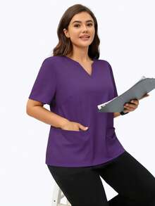cimmuovere Plus Size Women's Round Neck Cutout Short Sleeve Double Pocket Solid Color Scrubs Nurse Scrubs Workwear Dentist Healthcare Pet Hospital Laboratory Top - Purple - View 7