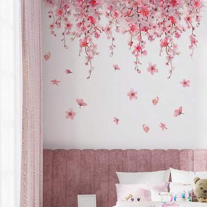 1개 11.81*23.62인치 Wondever 작은 핑크 꽃 벽 데칼, 매달린 덩굴 꽃 잎 껍질과 스틱 벽 아트 스티커, 보육원, 걸 침실, 거실 장식