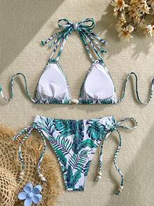 女士休闲露背系带比基尼套装，时尚热带印花两件式泳衣 - 彩色 - 查看 4